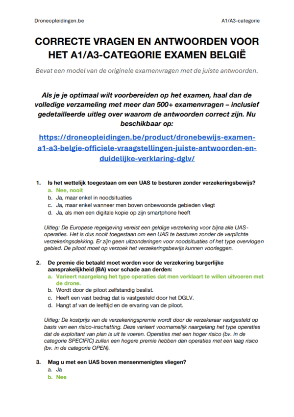 Dronebewijs Examen A1/A3 België - Officiële Vraagstellingen, Juiste Antwoorden en Duidelijke Verklaring (DGLV) - Afbeelding 2